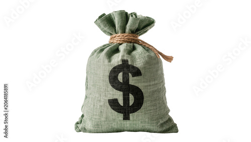 Green burlap money bag with dollar sign tied with rope