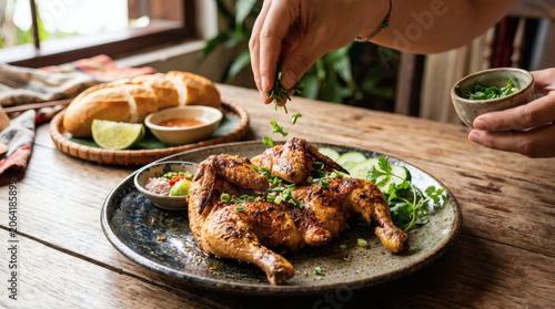 Ga Nuong Ban Don Crispy Grilled Chicken on Ceramic Plate