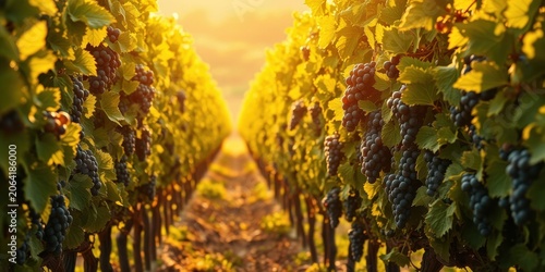 Golden Hour Vineyard Rows at Sunset with Ripe Grapes