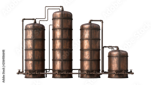 Industrial copper tanks with pipes and valves