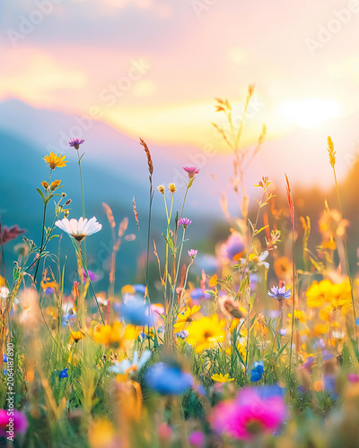 Wildflower Symphony in Liquid Gold Light Beneath a Pastel Alpine Sunrise