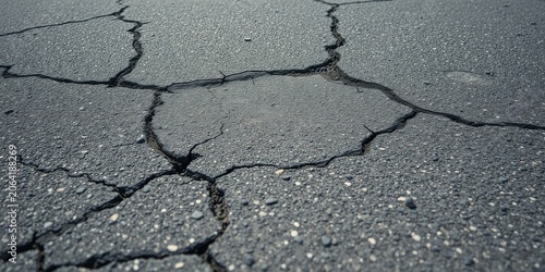 Cracked asphalt surface texture showing extensive deterioration and damage