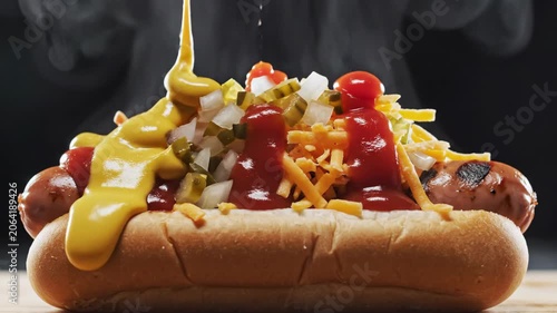 Cheesy hot dog with ketchup mustard and diced toppings