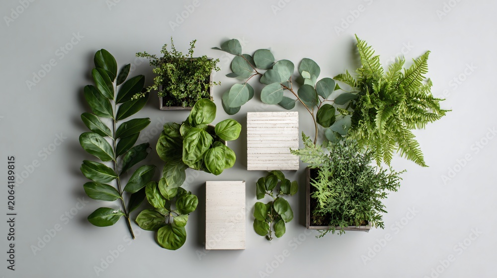Fototapeta premium A clean editorial flat lay with greenery arranged in a compact cluster offset from center leaving large margins