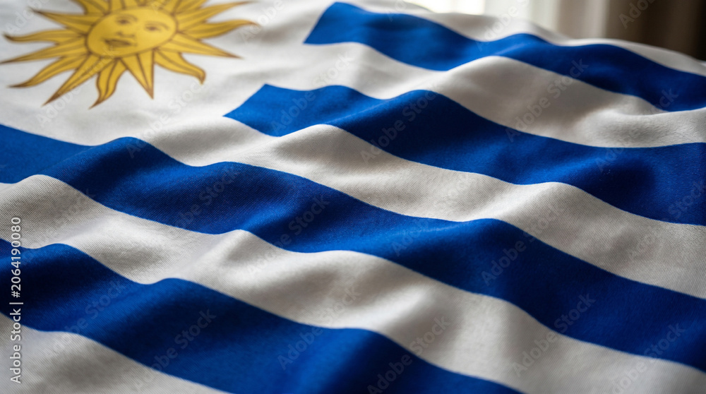 Fototapeta premium Waving flag of Uruguay with its iconic Sun of May on silk fabric