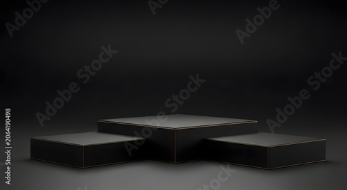 Three dark square pedestals for product display on a black background, showcasing luxury and elegance in a minimalist setting.