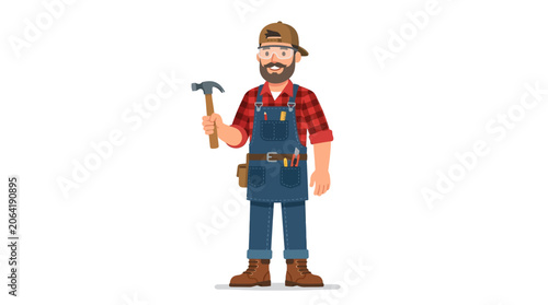 Tableau sur toile A cartoon lumberjack in a plaid shirt and denim overalls holding a hammer on a plain white background