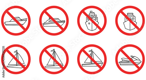 Tableau sur toile Prohibited watercraft icons red circle and slash on white background