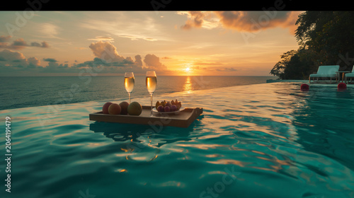 Luxury infinity pool sunset with champagne and floating fruit tray