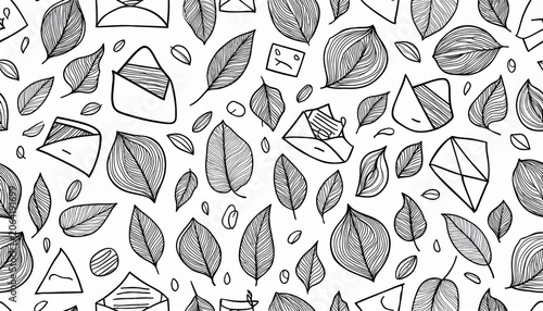 seamless monochrome outline pattern with scattered leaves envelopes and geometric shapes