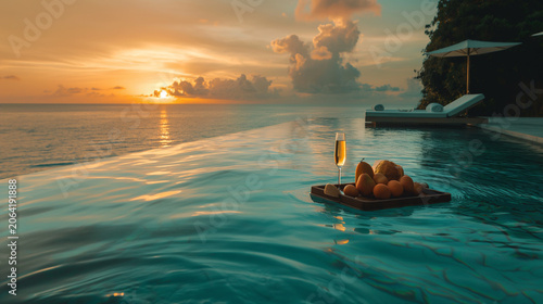 Luxury infinity pool sunset with champagne and floating breakfast tray