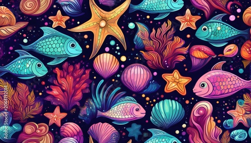 disco mermaid fish sea star dolphin shells corals seamless pattern groovy underwater background