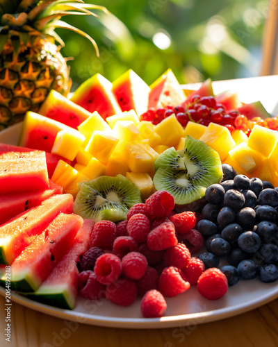 Colorful tropical fruit platter with watermelon, kiwi, mango and berries