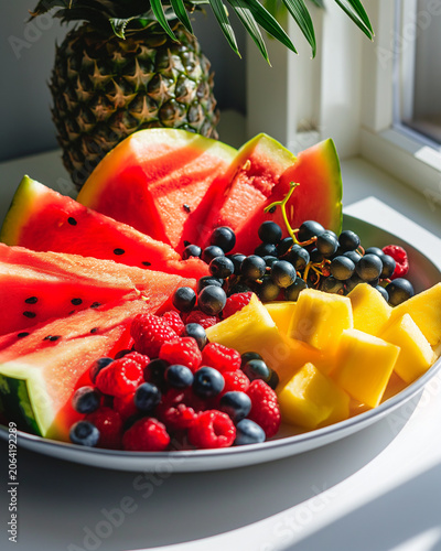 Fresh fruit bowl with watermelon, mango, grapes and berries in sunlight