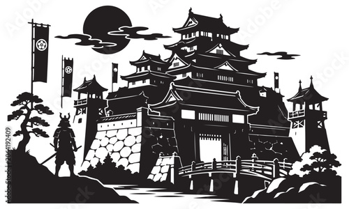 Tableau sur toile Samurai Fortress Silhouette, feudal Japanese stronghold, vector isolated on whit
