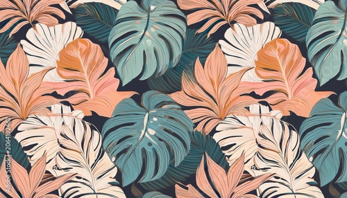 pastel tropical jungle monstera leaves and floral composition seamless pattern for retro boho botanical summer background design