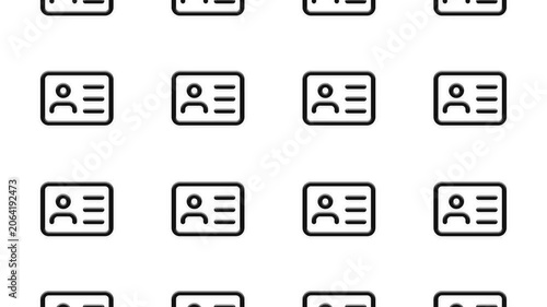 Seamless looping animation of black identity card icons in grid on white background, motion graphics clip.