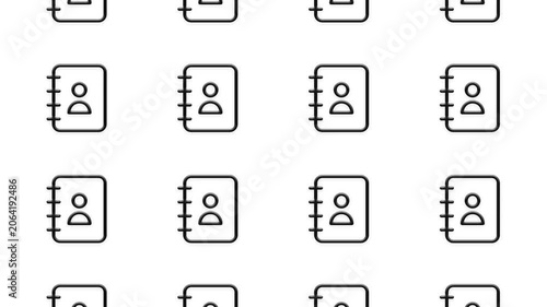 Address book icons arranged in grid pattern, simple animation of pages turning, motion graphic.