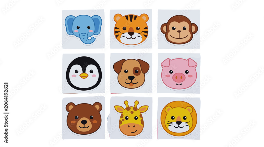 Fototapeta premium Cute cartoon animal face cards arranged in a nine square grid