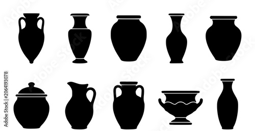 Obraz na płótnie Black silhouettes of various ancient greek and roman style vases and amphorae