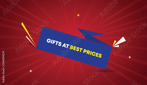 gifts best prices web banner vector art template design badge icon label blue yellow white shapes bold text dark red light sunshine abstract business background holiday sale offer promotion shopping