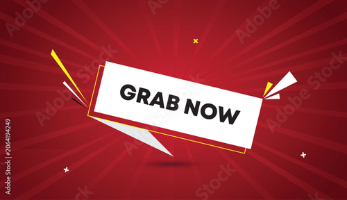 Grab Now web banner vector art template design badge icon label white gray shapes black bold text dark red light sunshine abstract business background sale promotion marketing offer discount retail