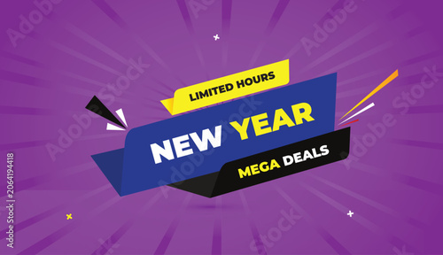 NEW YEAR mega deals exclusive offer web banner vector art template design badge icon label yellow blue black gray shapes white bold text dark purple light sun shine abstract business background sale
