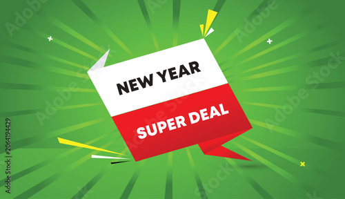NEW YEAR super deal web banner vector art template design badge icon label red gradient white gray shapes bold text dark green light sunshine abstract business background sale promotion festive