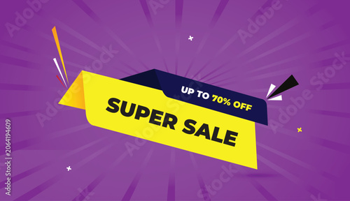 super sale up to 70% off web banner vector art template design badge icon label deep blue yellow shapes black bold text dark purple light sunshine abstract business background discount promotion offer