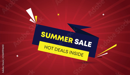 summer sale hot deals inside web banner vector art template design badge icon label deep blue yellow shapes white bold text dark red light sunshine abstract business background promotion offer