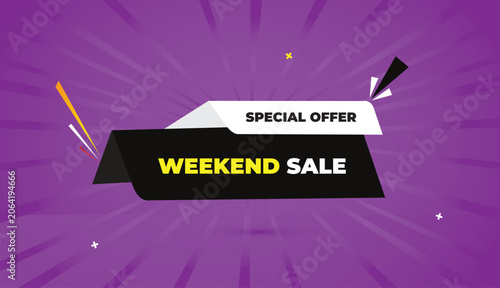 weekend sale special offer web banner vector art template design badge icon label white black gray shapes yellow bold text dark purple light sunshine abstract business background promotion discount