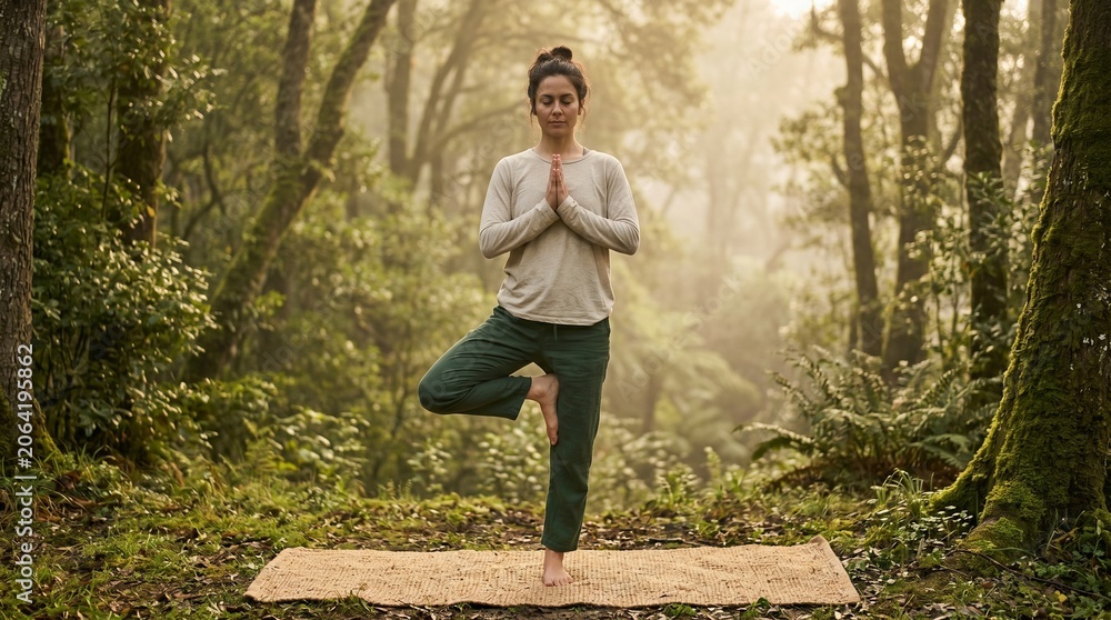 Fototapeta premium Woman doing yoga tree pose for wellness and mindfulness in nature.