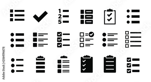 List Icons And Check Mark Symbols Flat Silhouette Style