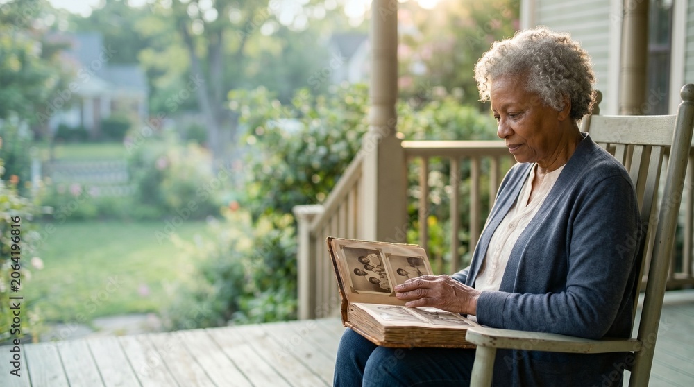 Fototapeta premium Senior woman looking at vintage family photo album on porch.