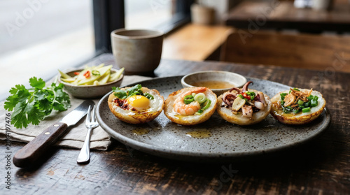 Banh Can Vietnamese Rice Cakes Artisanal Appetizer on Ceramic Plate
