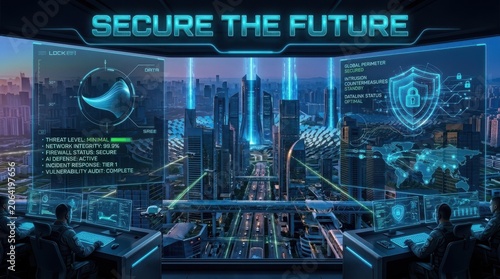 Cybersecurity command center with futuristic data visualization and city skyline view