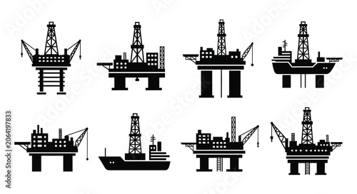 Fotografía Oil Rigs Silhouettes On White Background Industrial Vector Graphics