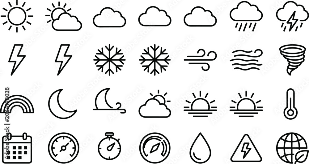 Obraz premium Weather forecast line icon set with sun cloud rain lightning snowflake tornado thermometer rainbow vector outline icons collection