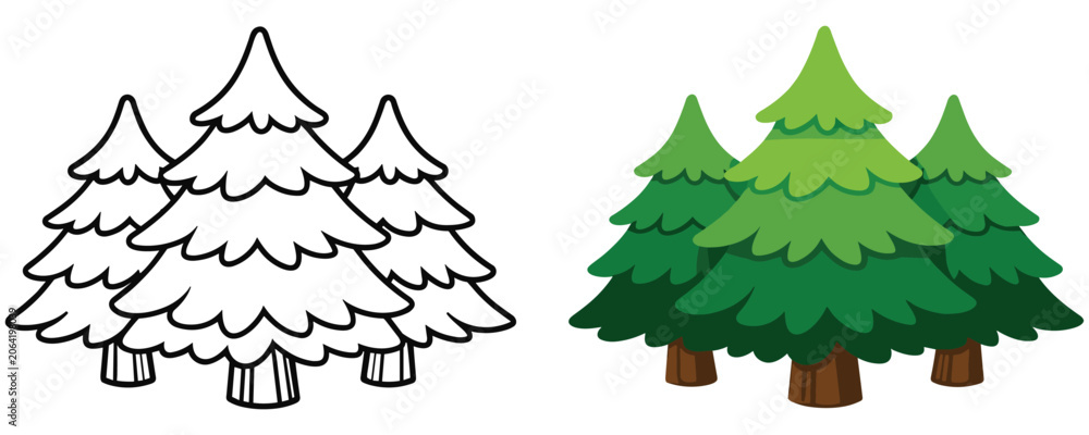 Obraz premium Group of cartoon pine trees, evergreen forest scene for kids.