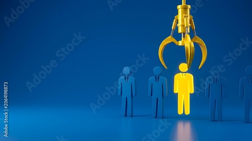 Gold claw picking a glowing yellow person from blue figures