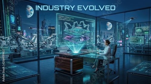 Futuristic factory control room with robotic arms and holographic display of microchip design