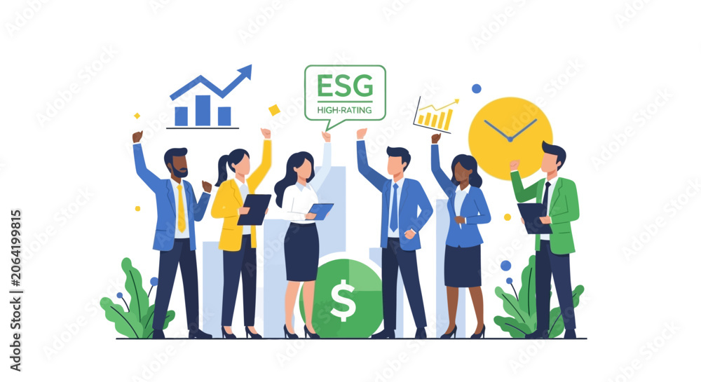 Fototapeta premium Diverse Business Team Celebrating High ESG Rating and Financial Growth, Sustainable Corporate Strategy and Investment Concept Vector Illustration