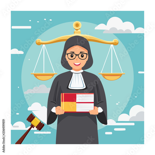 Illustration of a judge holding books with scales of justice and gavel