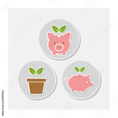 Piggy Bank and Plant Growth Flat Icons