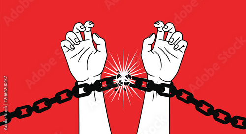 Fotografie Pair of human hands breaking heavy metal chains into pieces symbolizing freedom liberation escape breaking free overcoming obstacles and powerful empowerment