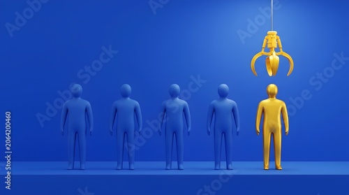 Golden figure selected by claw machine from blue figures
