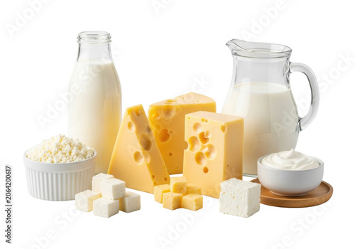 Fresh milk, various cheeses, cottage cheese, thick cream on coaster, transparent background, copy space, Concept of natural wholesomeness
