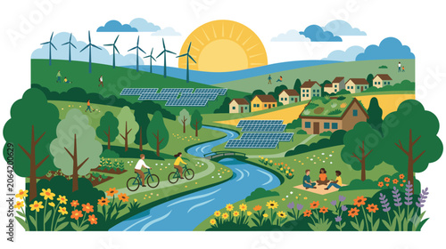 Fotografía Sustainable eco friendly village landscape with solar panels and wind energy