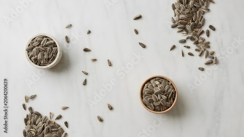 Overhead view of sunflower seeds in bowls and scattered on a white marble surface