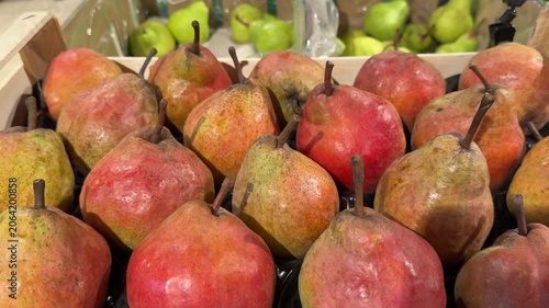 Red and Yellow Pears in Wooden Crate
